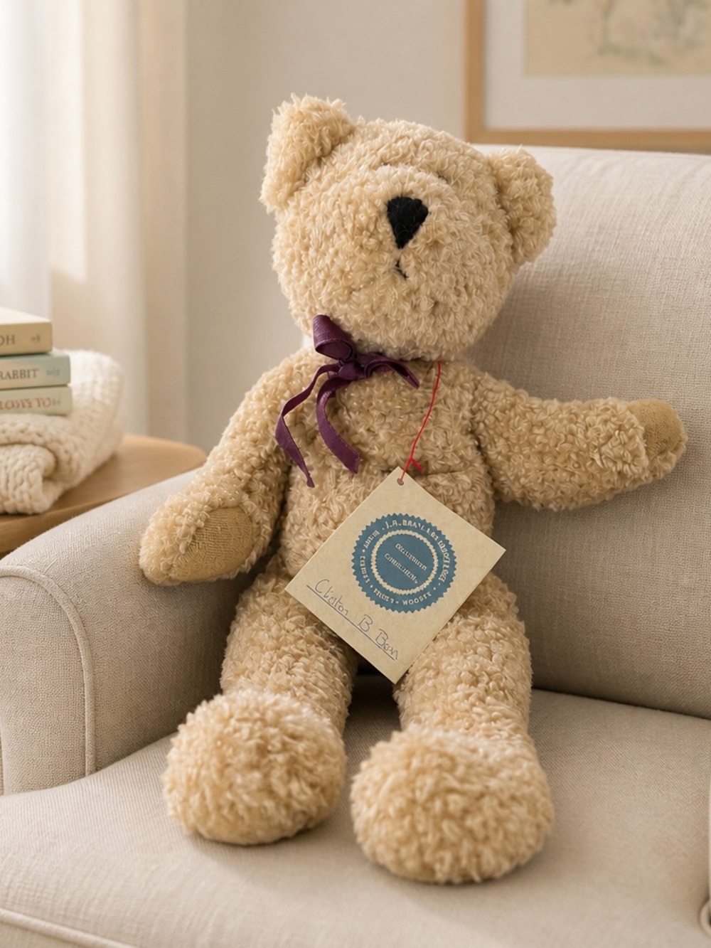 Boyds Bears Beige Curly Plush Teddy with Purple Ribbon